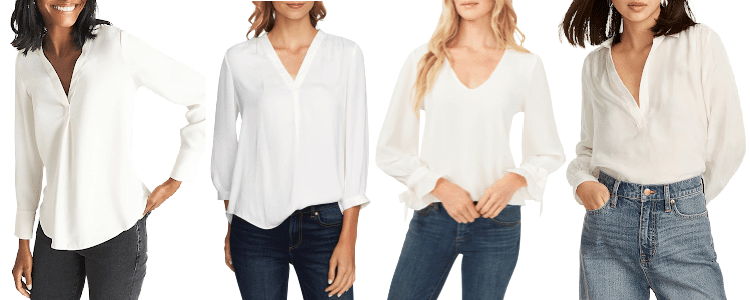 collage of 4 women wearing white popover blouses (no buttons) 