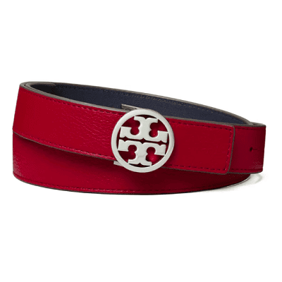 red leather belt with Tory Burch logo on it; it is navy on the reverse side